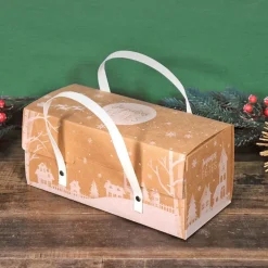 Boîte à bûche à poignées kraft décor village 25 x 11 x 11 cm
