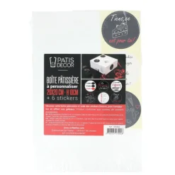 Boîte pâtissière carrée à personnaliser avec stickers 20 x 20 x 10 cm