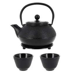 Coffret théière + tasses à points en fer noir - 900 ml