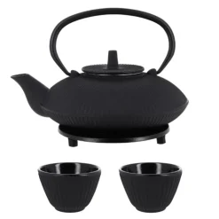 Coffret théière + tasses à rayures en fer noir - 800 ml