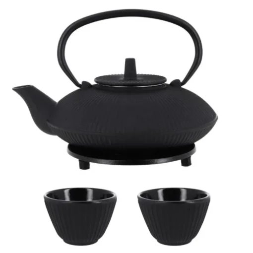 Coffret théière + tasses à rayures en fer noir - 800 ml
