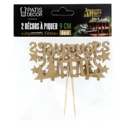 Décors sur pique "Joyeuses Fêtes" dorés (x2)