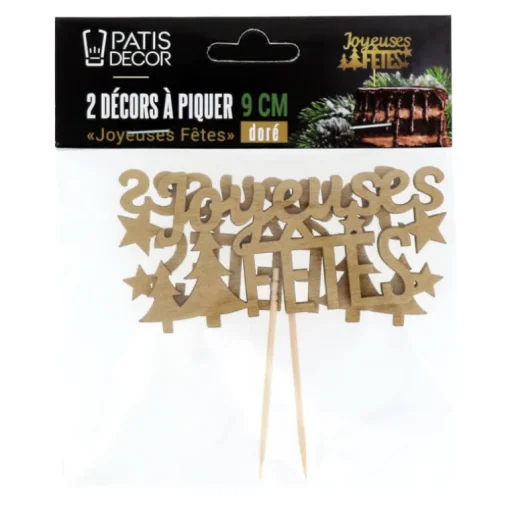 Décors sur pique "Joyeuses Fêtes" dorés (x2)