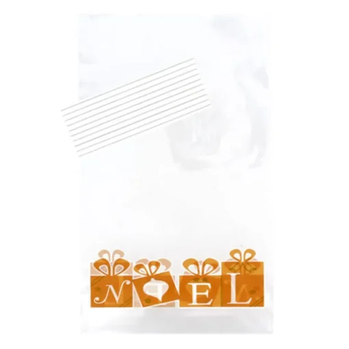 Lot sachets motif cadeaux dorés + liens - 14 x 23 cm (x10)